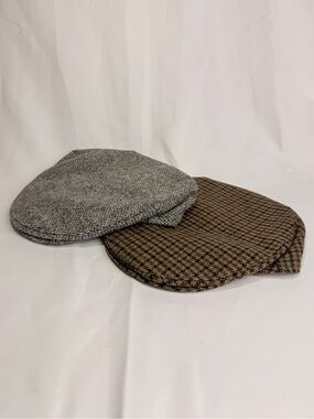 Set Of 2 Vintage Country Trader 100% Wool Tweed Flat Cap Grey Brown Small
